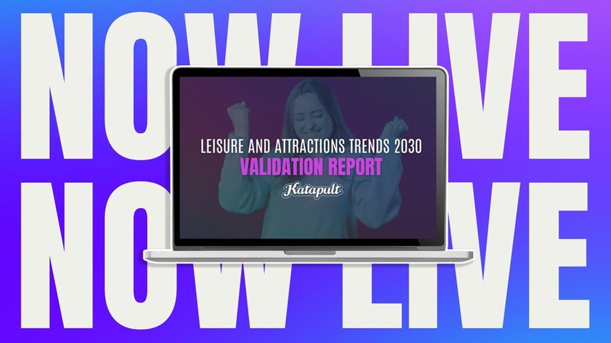 Laptop displaying "Leisure and Attractions Trends 2030 Validation Report" on a vibrant background.