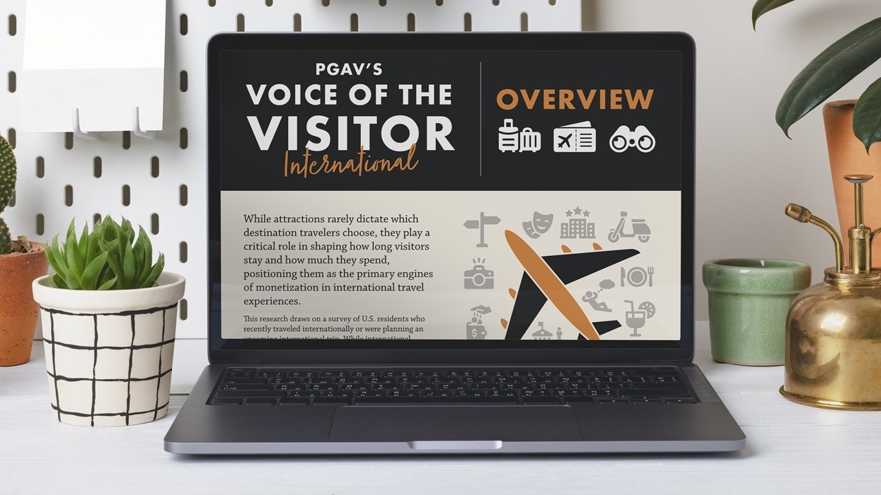Laptop displaying "Voice of the Visitor: International" with travel icons.