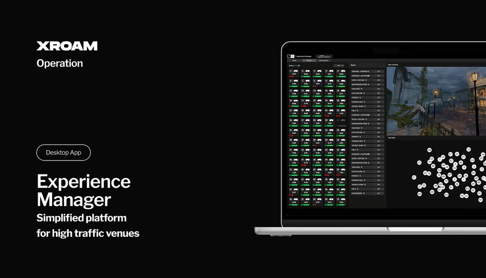 Laptop displaying "XROAM Experience Manager" app dashboard for high-traffic venues.