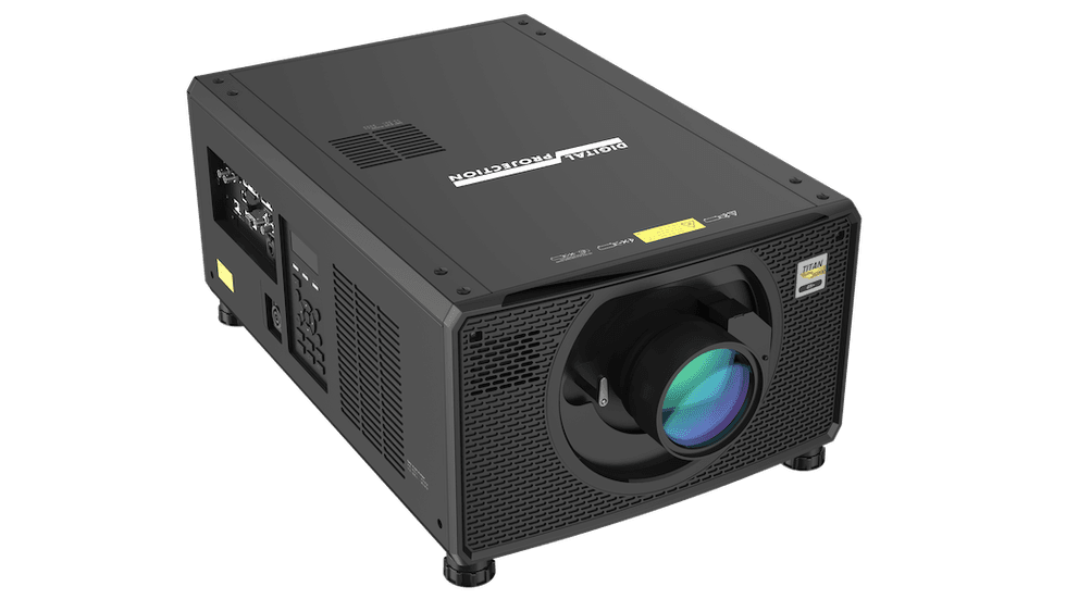 Large black digital projector with colorful lens facing forward.