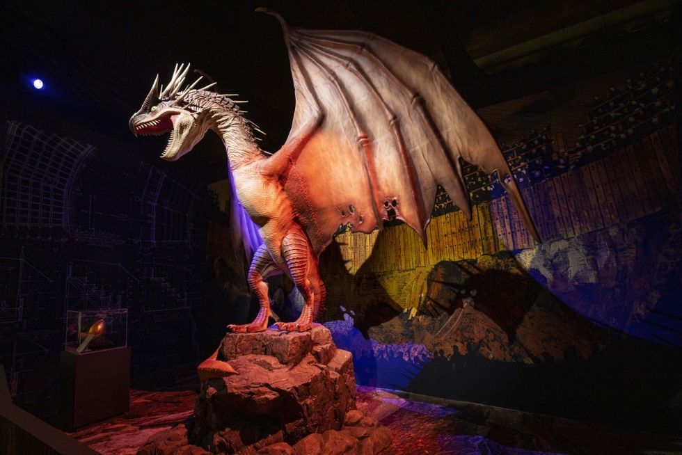 Large Harry Potter dragon sculpture with wings open, displayed in a dimly lit museum setting.