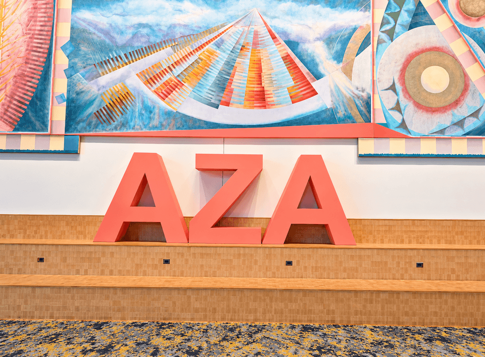 Large red "AZA" letters in front of a colorful abstract mural.