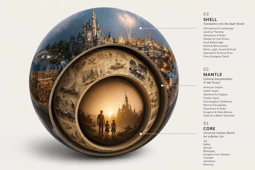 Layered sphere illustrating themes of a magical park experience.