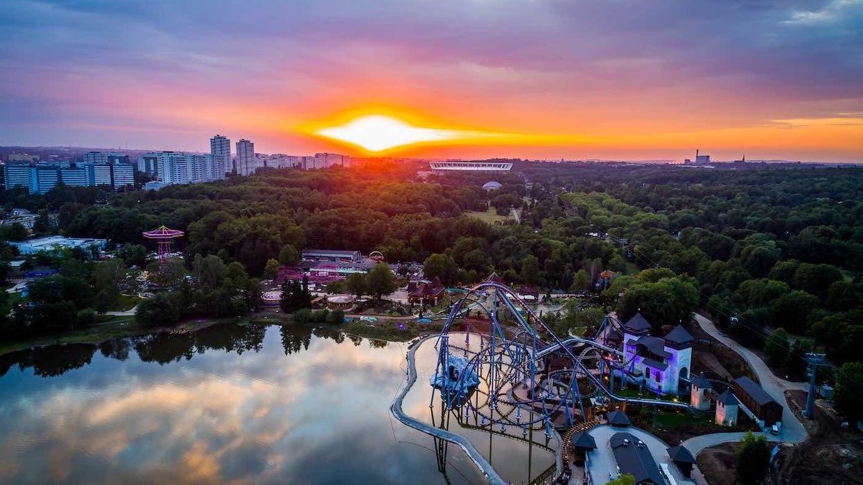 legendia theme park poland aerial view sunset