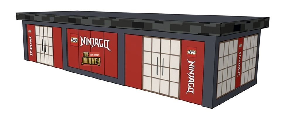 LEGO Ninjago: The Journey display booth with red and white panels.