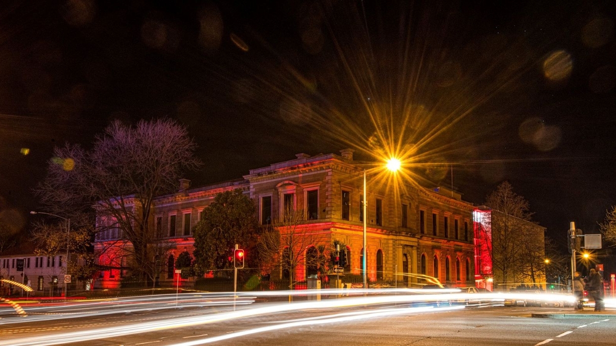 Light trails in front of The Tasmanian Museum and Art Gallery at night