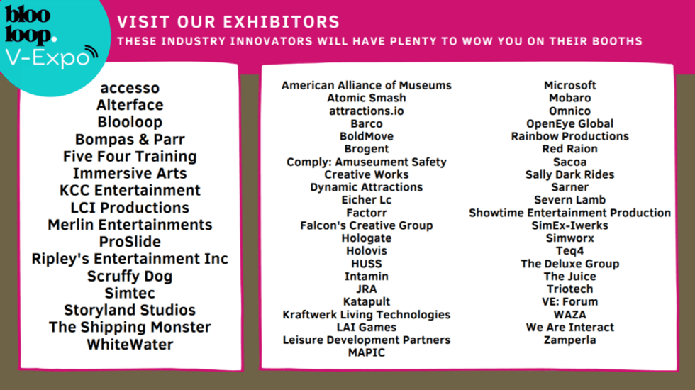 list of exhibitors at blooloop v-expo