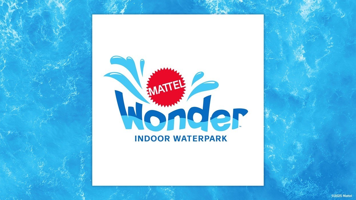 Logo for Mattel Wonder Indoor Waterpark on a blue water background.