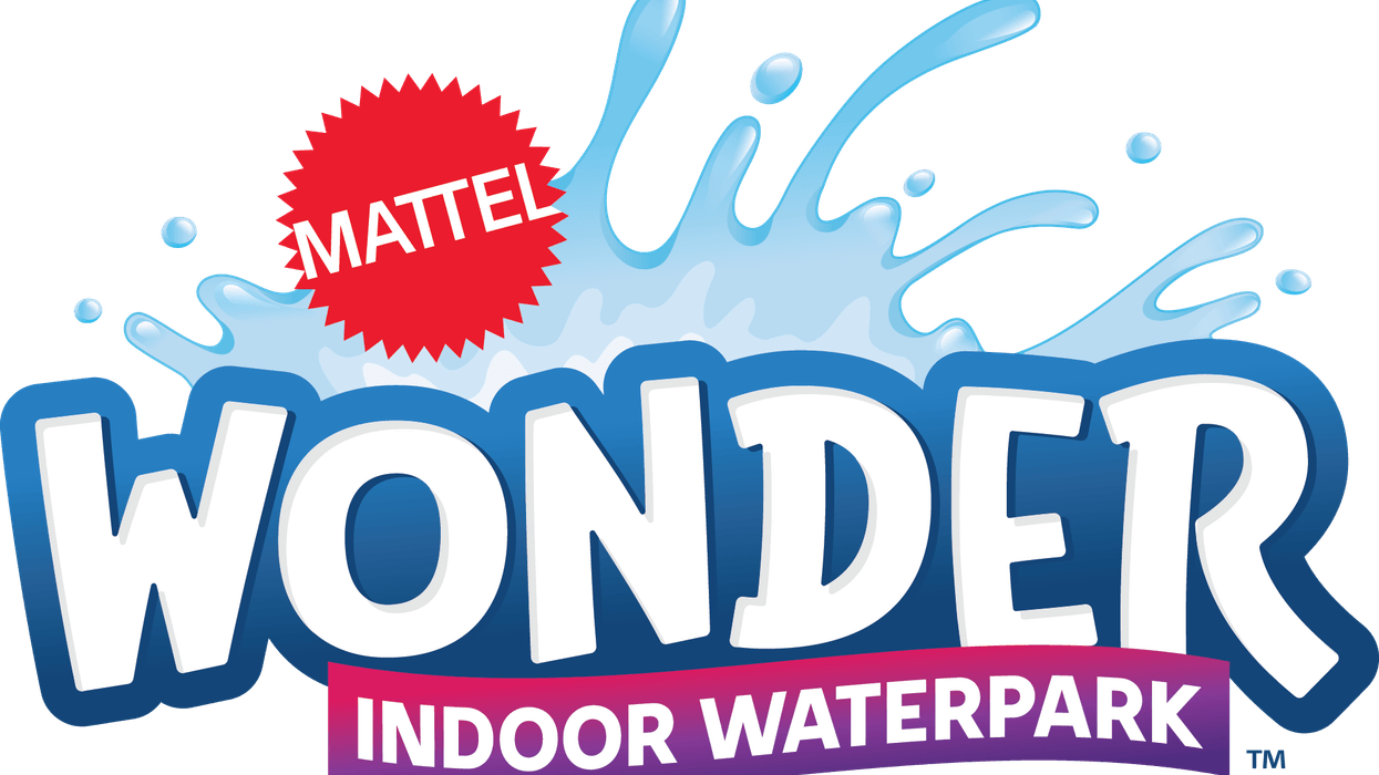 Logo for Mattel Wonder Indoor Waterpark with splash graphic