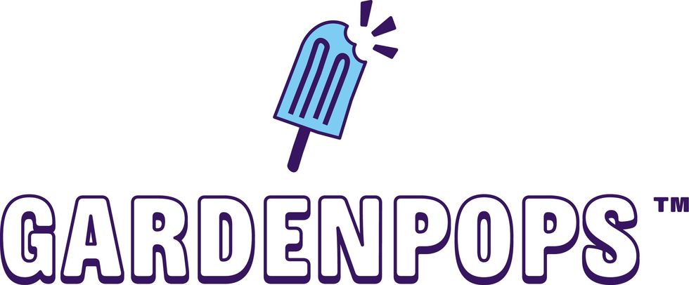 Logo of a bitten blue popsicle above the word "GARDENPOPS" in bold purple letters.