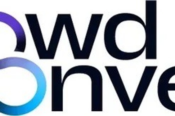 Logo with "crowdconvert" text, featuring a gradient S connecting the words.