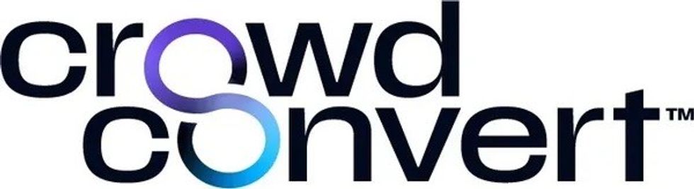 Logo with "crowdconvert" text, featuring a gradient S connecting the words.