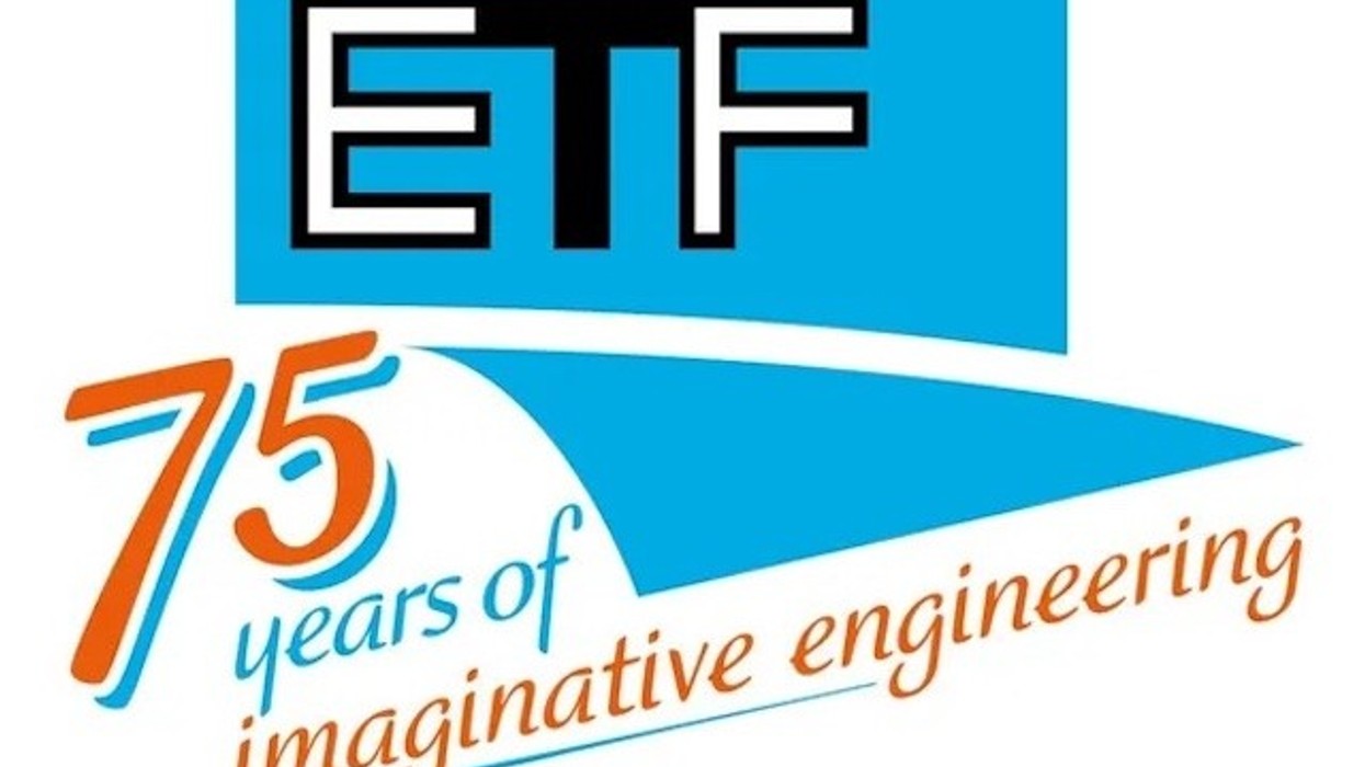 Logo with "ETF" and "75 years of imaginative engineering" in blue and orange text.