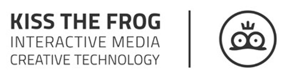 Logo with "KISS THE FROG," a frog face, and "INTERACTIVE MEDIA CREATIVE TECHNOLOGY."