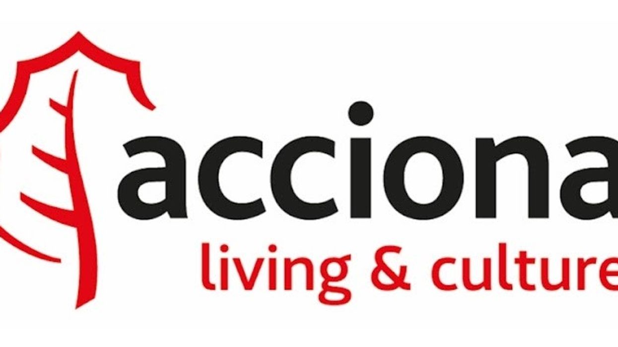 Logo with red leaf design and text: "acciona living & culture".