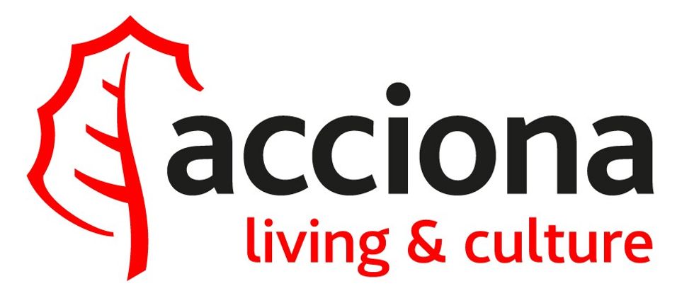 Logo with red leaf symbol and the text "Acciona living & culture."