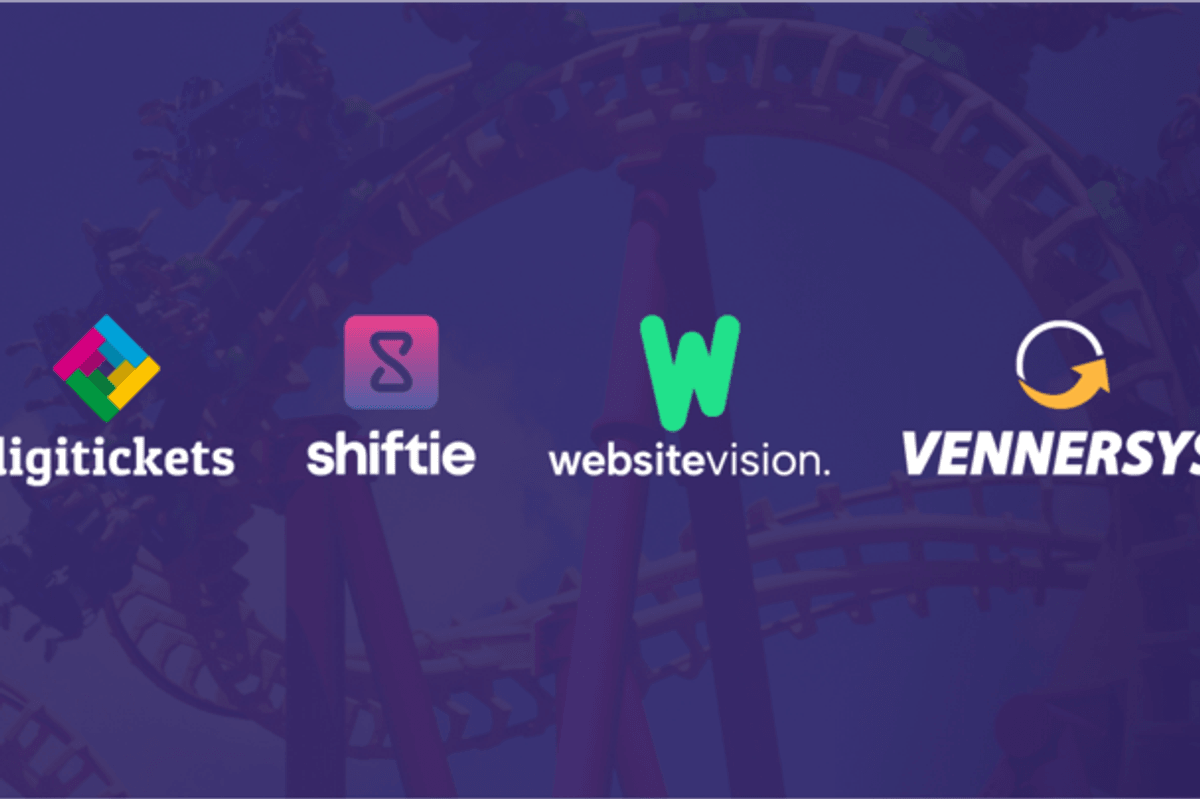 Logos of Digitickets, Shiftie, Website Vision, VennerSys on a rollercoaster background.