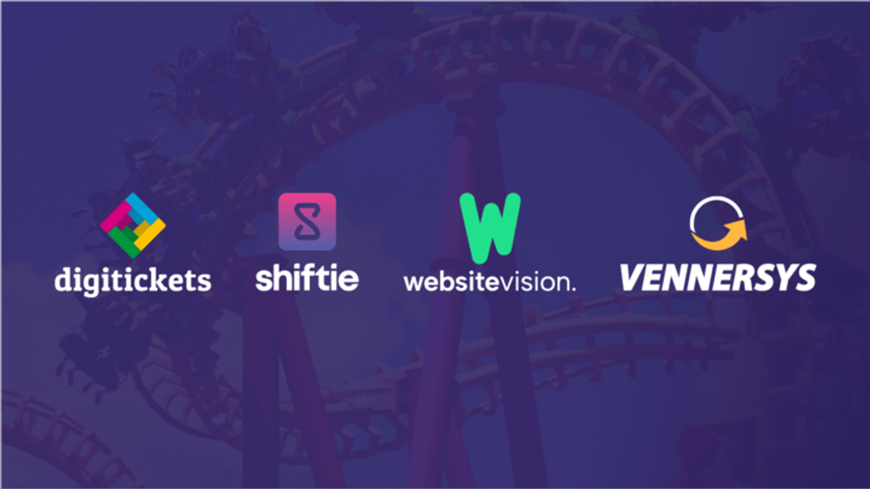Logos of Digitickets, Shiftie, Website Vision, VennerSys on a rollercoaster background.