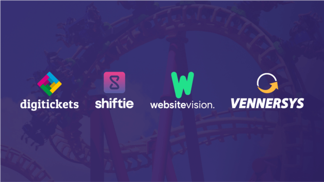 Logos of Digitickets, Shiftie, Website Vision, VennerSys on a rollercoaster background.