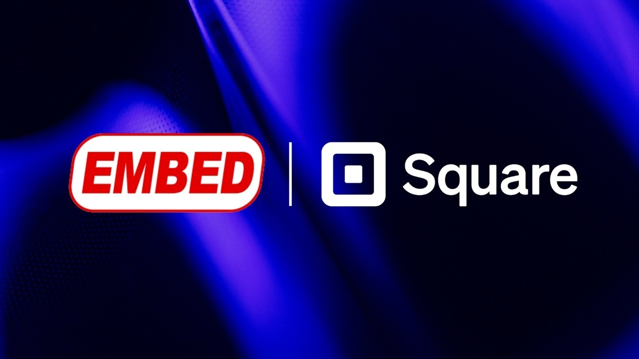 Logos of Embed and Square on a blue abstract background.