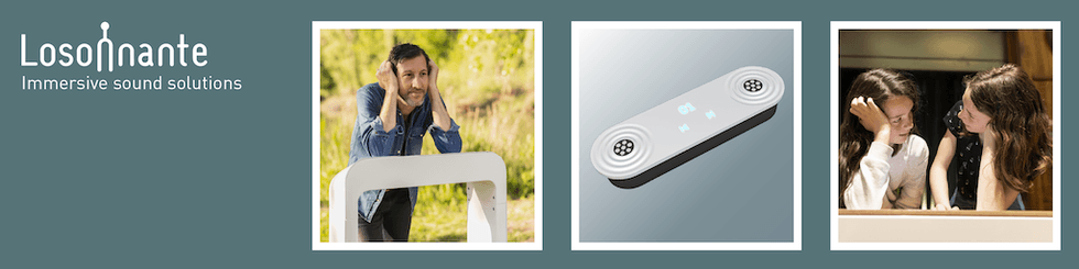 Losonante logo with images of immersive sound solutions and users engaging with the product.