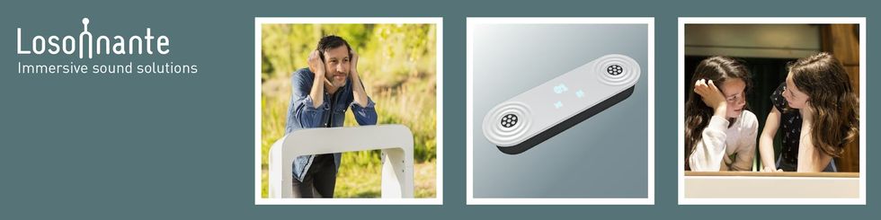 Losonante: man outdoors, sound device, two women enjoying audio indoors.