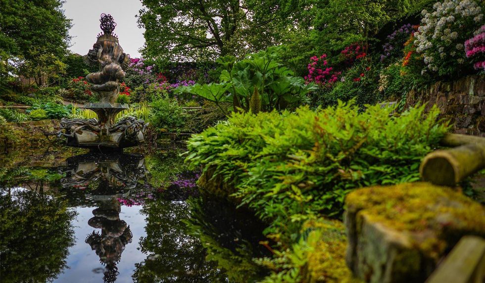 Lush garden with a fountain, colorful flowers, and reflective pond under a tree canopy.