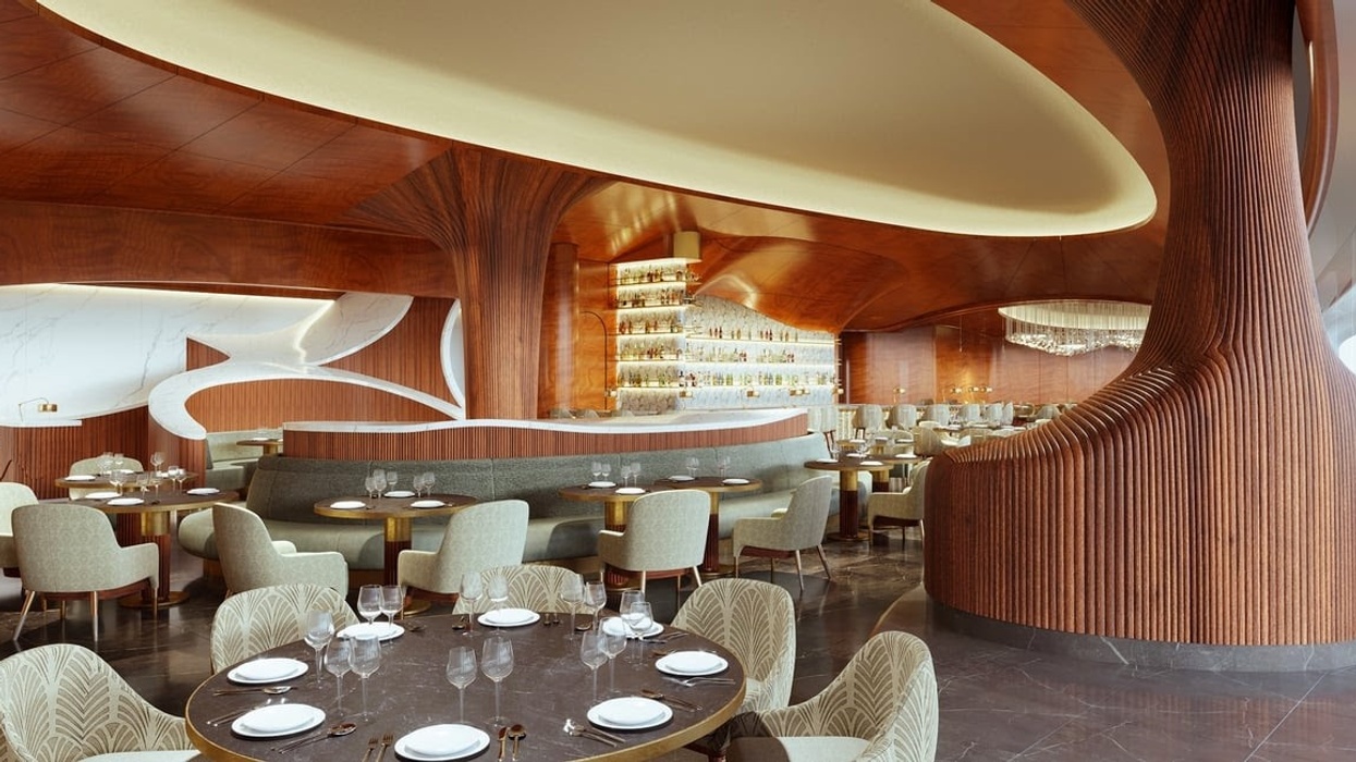 Luxurious restaurant interior with elegant wooden decor and modern seating arrangements.