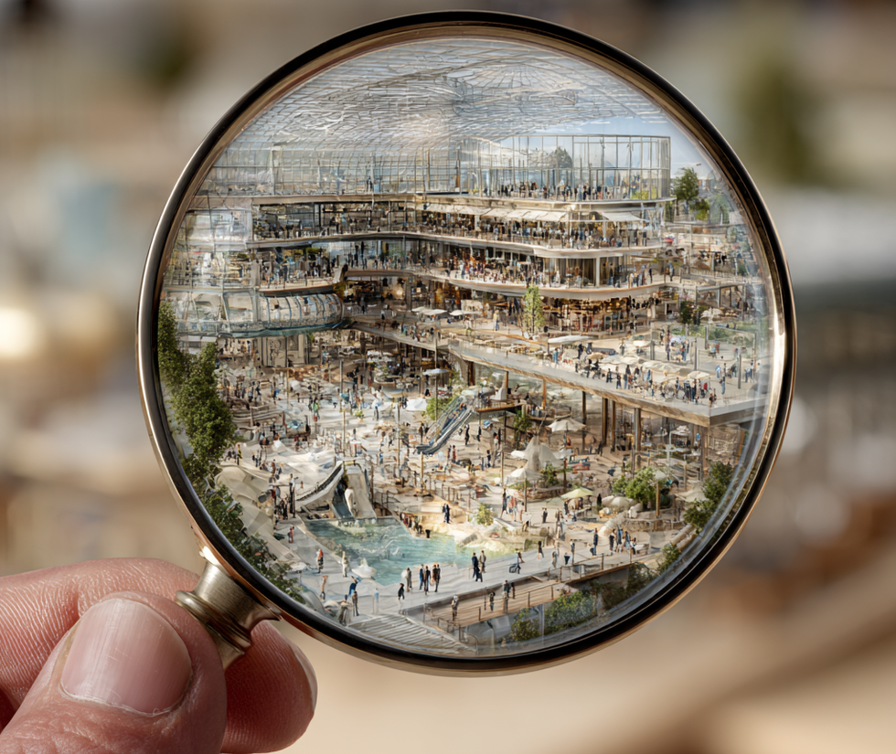 Magnifying glass revealing a bustling, multi-level indoor complex with people and greenery.