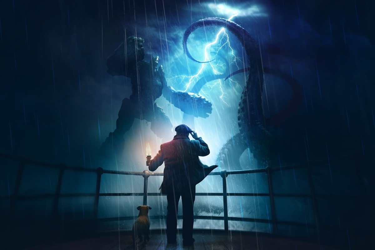 Man and dog on deck, watching giant robot and sea creature clash in stormy night.