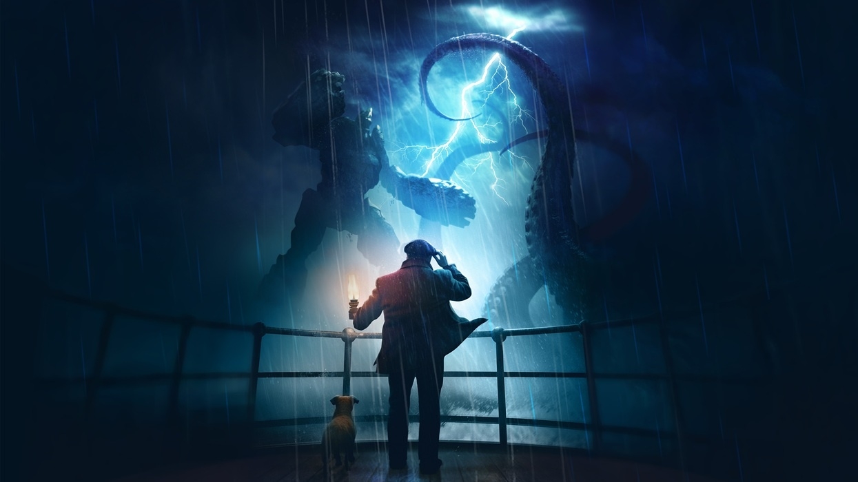 Man and dog on deck, watching giant robot and sea creature clash in stormy night.