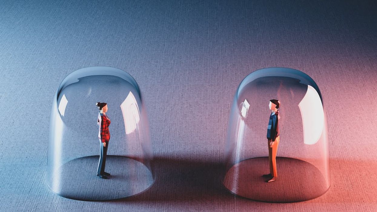 Man and woman meet from behind glassy bubbles. Social distancing in coronavirus pandemic. 3D illustration