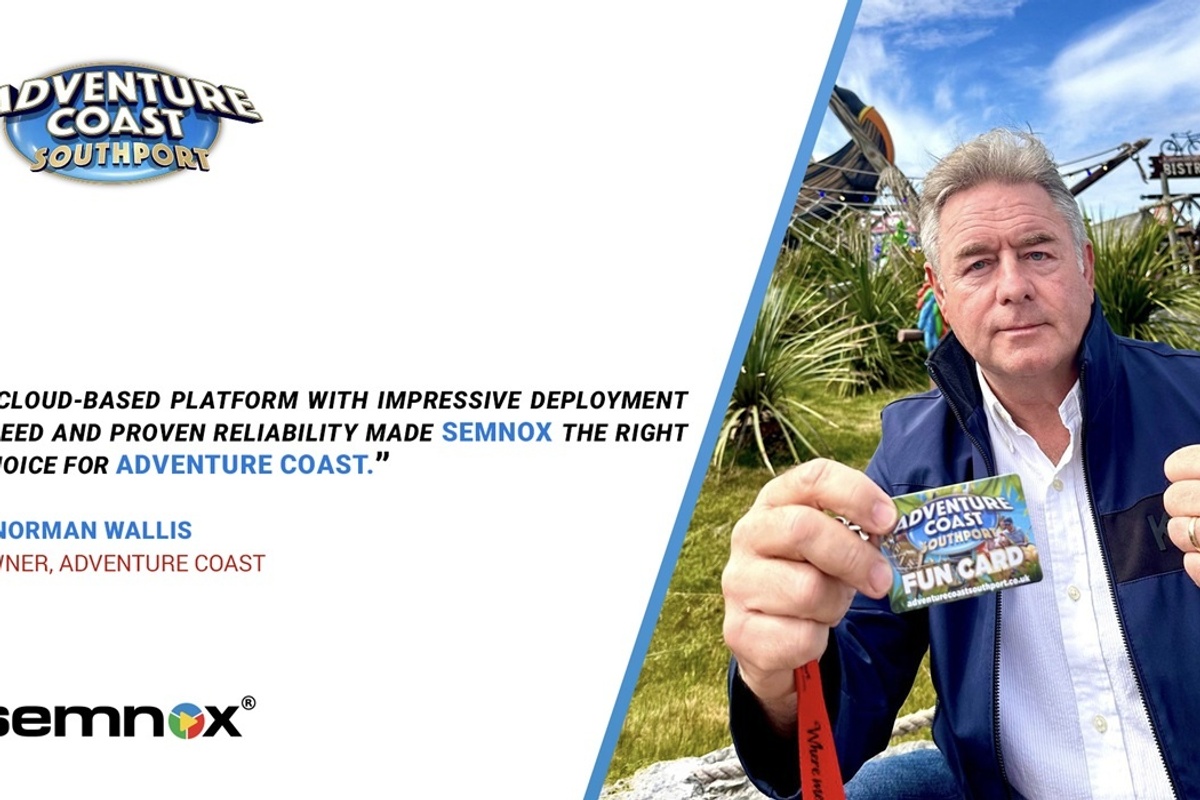 Man holding Adventure Coast fun card, testimonial, and Semnox logo.