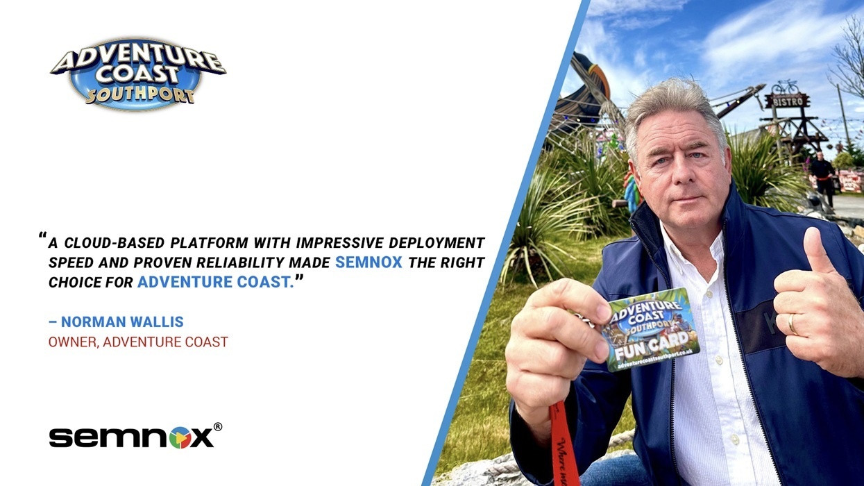 Man holding Adventure Coast fun card, testimonial, and Semnox logo.