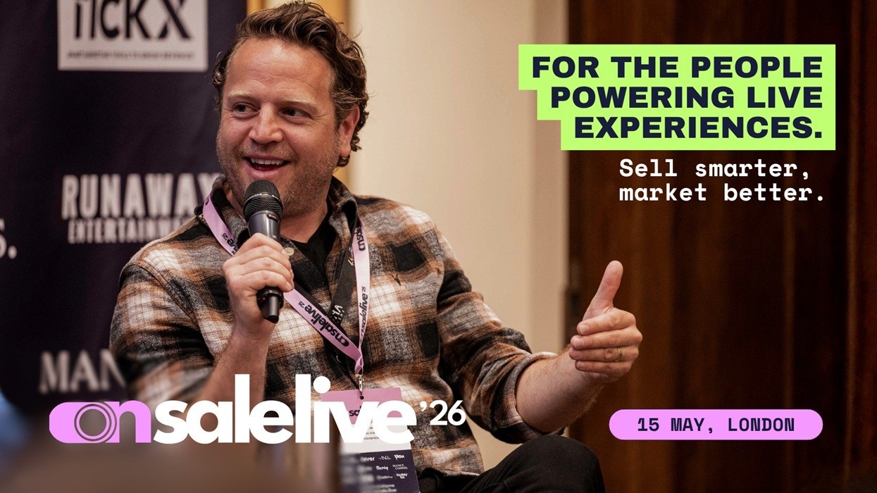 Man speaking at onsale.live event, promoting live experiences.