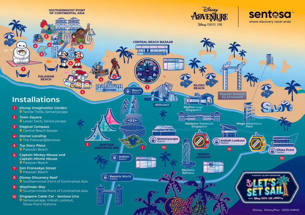 Map of Sentosa attractions featuring Disney Adventure Cruise installations.