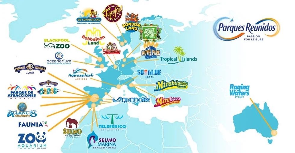 Map showing locations of Parques Reunidos amusement parks and attractions worldwide.