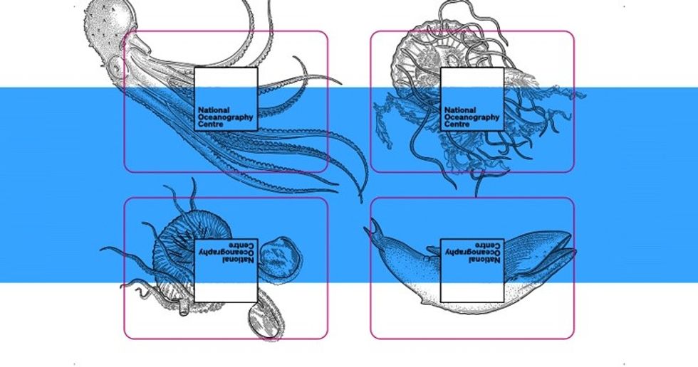 Marine creatures with "National Oceanography Centre" text overlay on blue and white background.