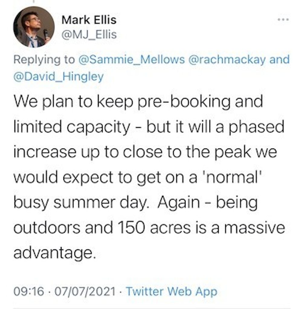 Mark Ellis tweets COVID restrictions Visitor attraction COVID guidance