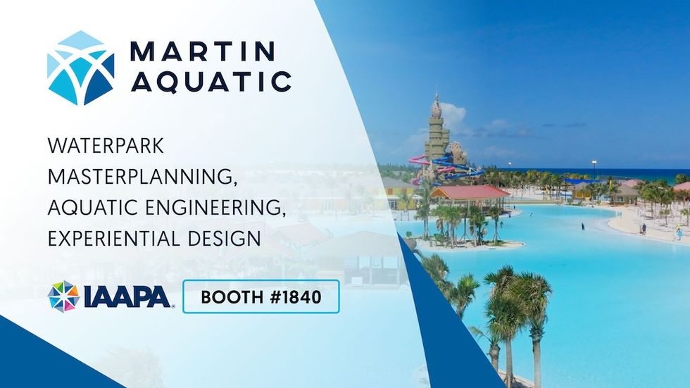 Martin Aquatic booth info; large waterpark image, IAAPA Booth #1840.