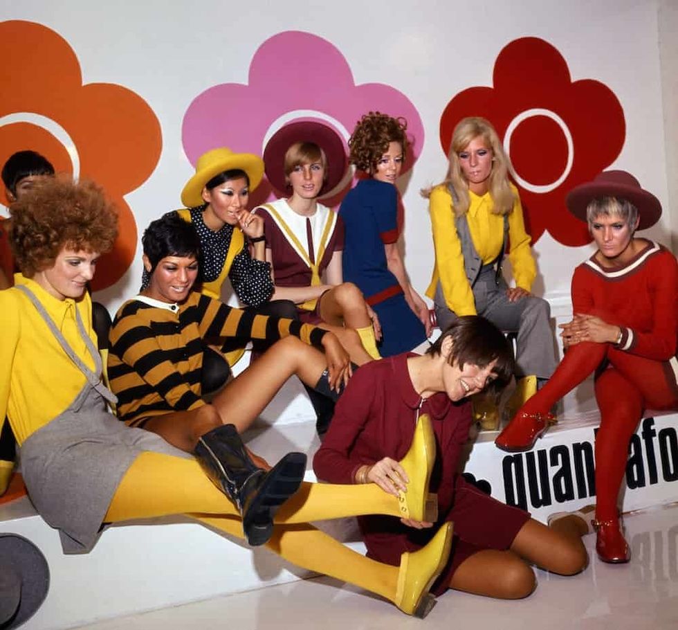 Mary Quant with models showing her new shoe creations, 1967, blooloop