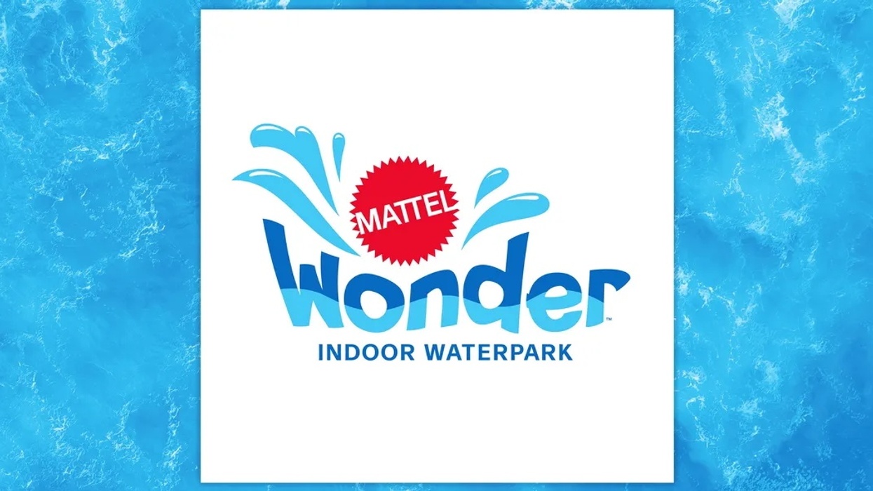 Mattel Wonder Indoor Waterpark logo with blue splash design on water background.