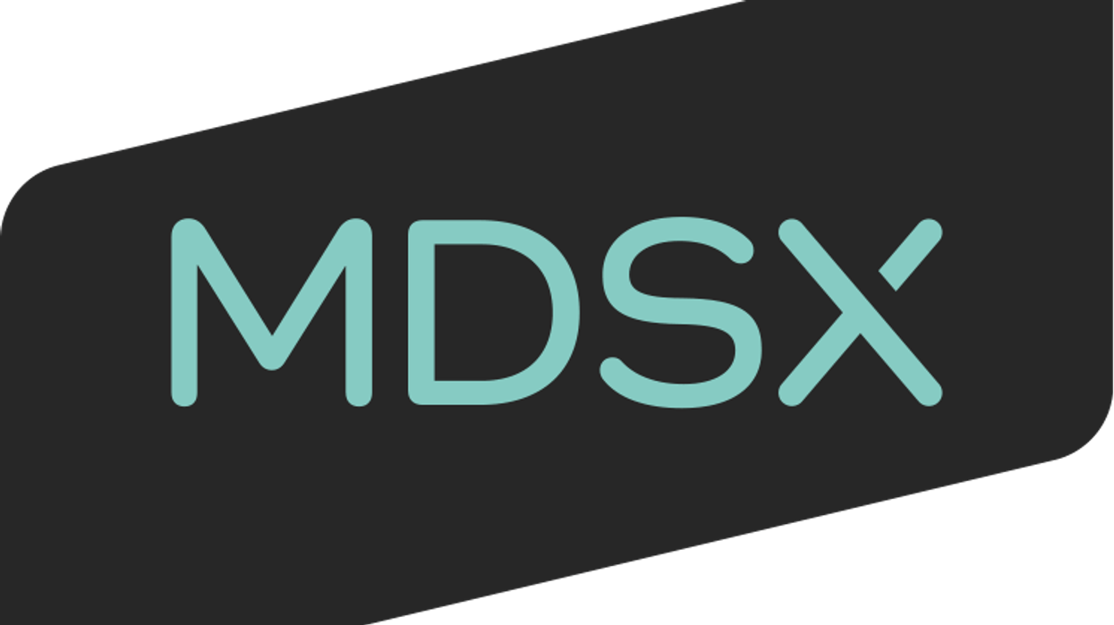 "MDSX logo in teal on a slanted dark gray background."