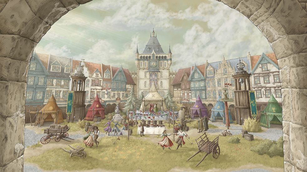 Medieval market scene with colorful tents and people in a lively town square at Efteling