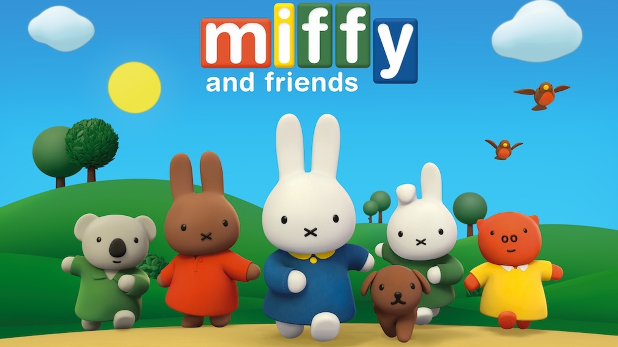 Miffy and friends in colorful outfits on a sunny day with hills and birds in the background.