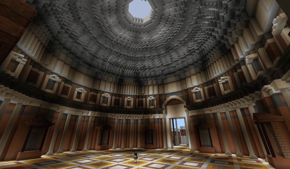 Minecraft Pantheon interior with a domed ceiling and sunlight streaming through the oculus.