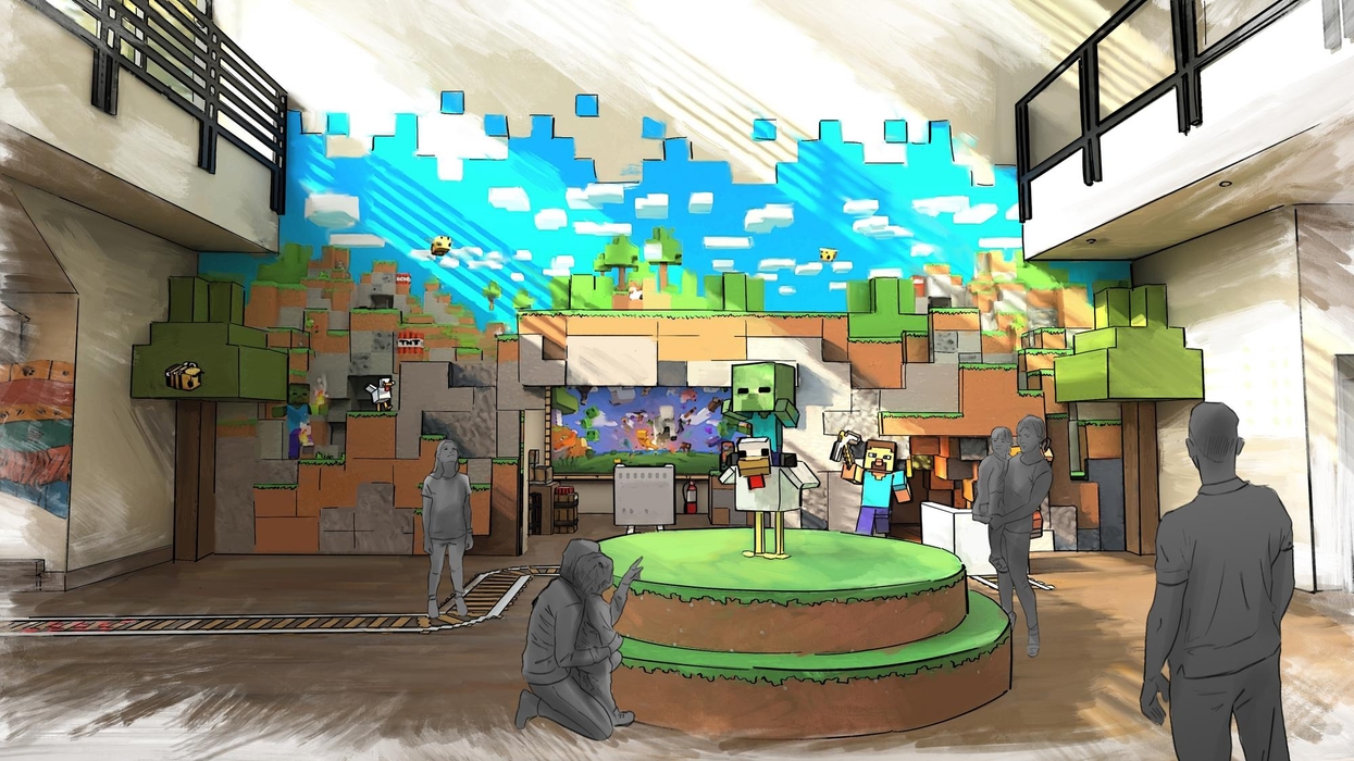Minecraft-themed indoor scene with blocky structures and figures.