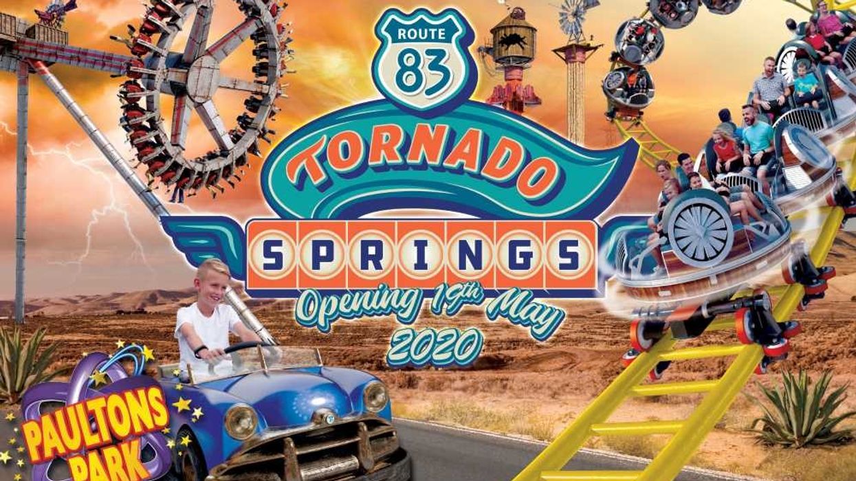 MK Themed Attractions Tornado Springs poster with cars and rides
