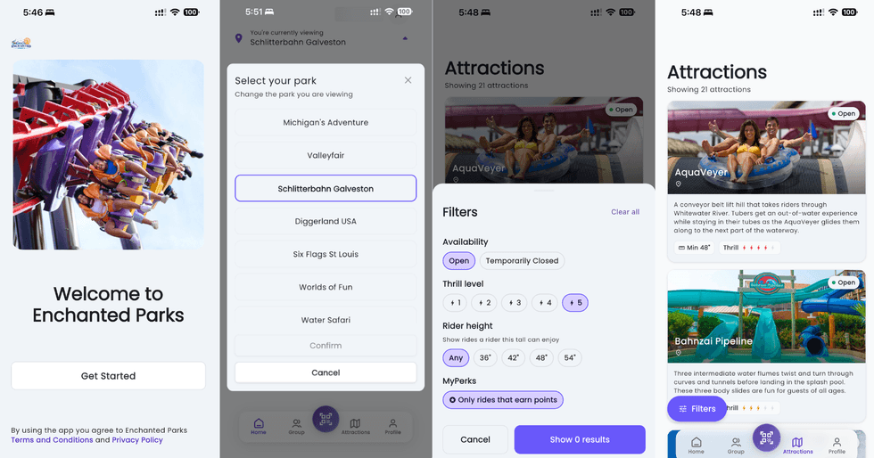 Mobile app screens showing theme park selection and attraction filters.