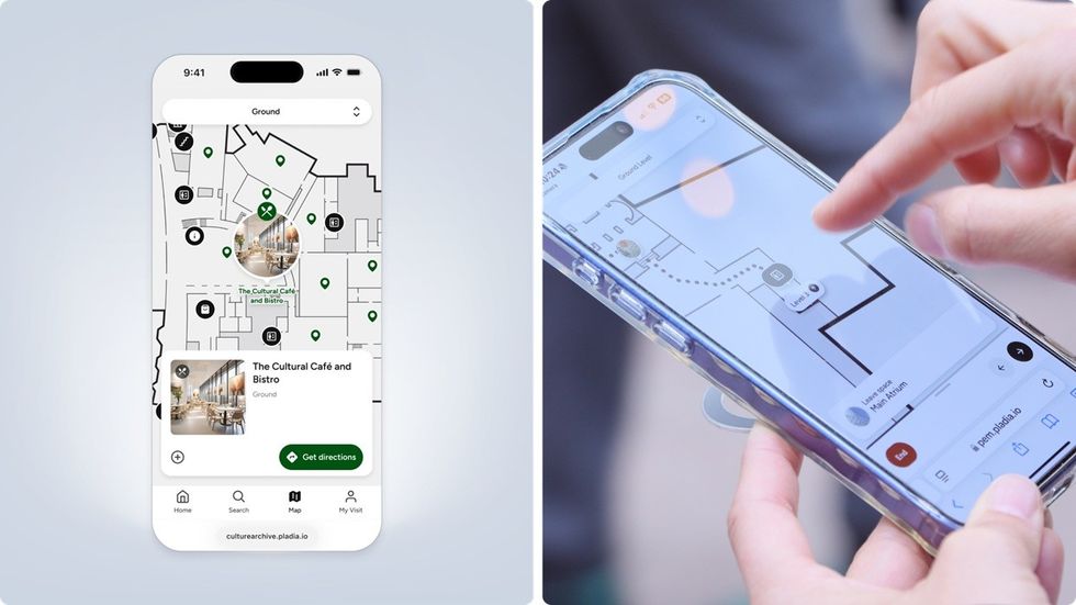 Mobile app showing indoor navigation maps and directions.